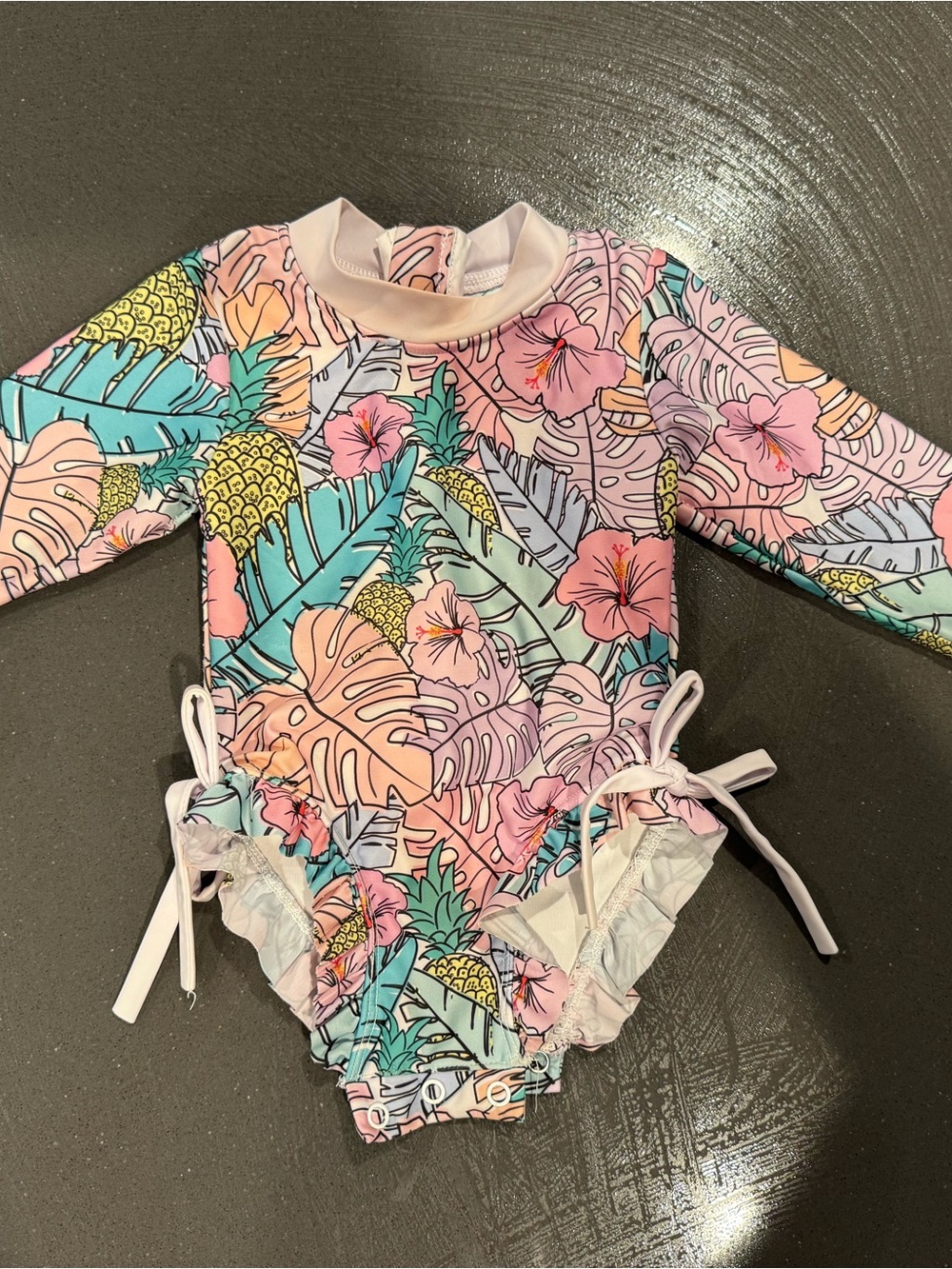 Girls Long-Sleeve Tropical One-Piece Swimsuit - Pink Multi